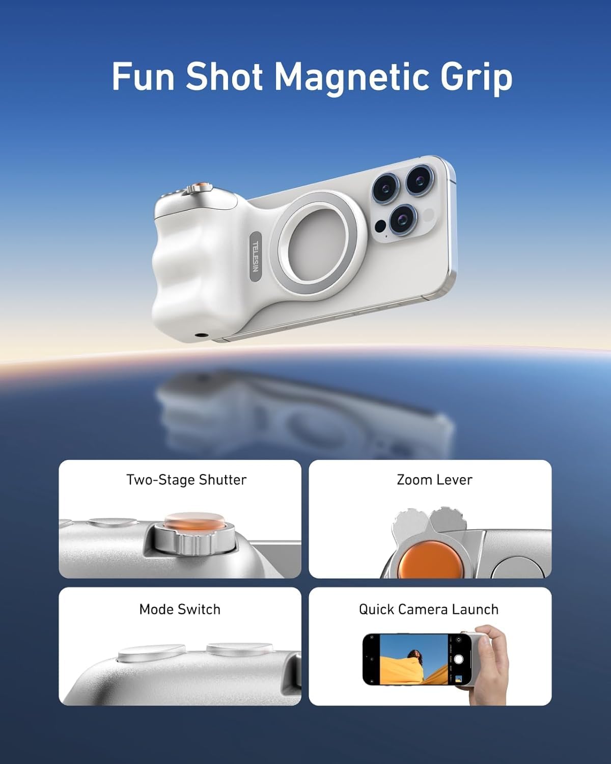 AASHZ Fun Shot Magnetic Phone Camera Grip with Wireless Remote – DSLR-Style Handle for iPhone 16/15/14/13/12 Pro Max & Android | Vlogging & Photography Stabilizer with 1/4” Tripod Mount