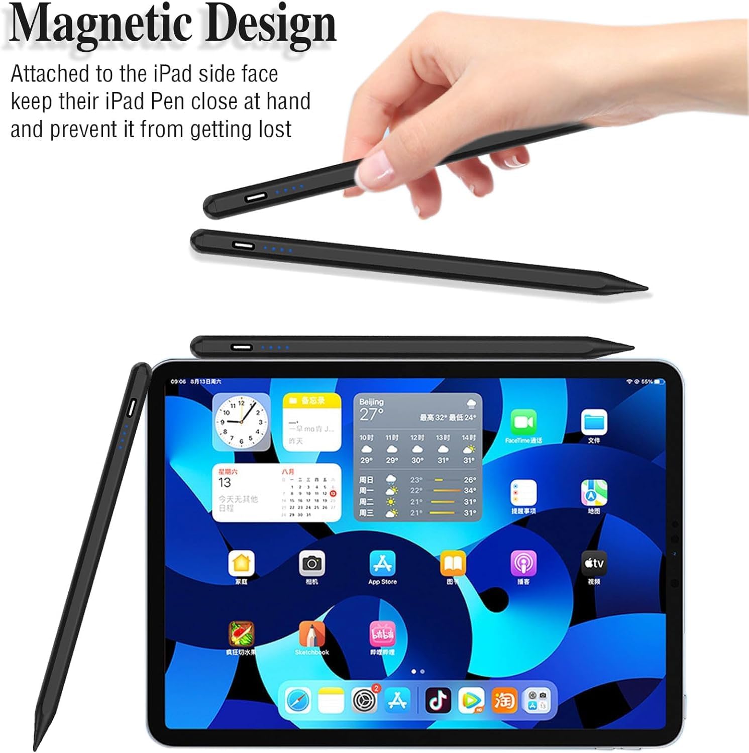 AASHZ Active Stylus Pens for Touch Screens Rechargeable Tablet Pen POM Tip Magnetic iPad Pencil Universal Stylus Pen for iPad/Pro/Air/Mini/iPhone/Samsung/iOS/Android and Other Smartphone Device-Black