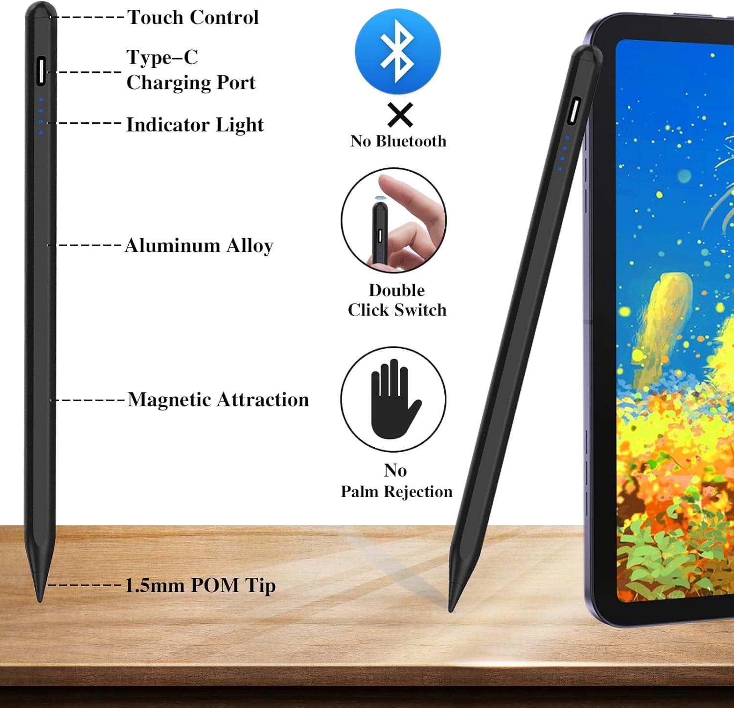 AASHZ Active Stylus Pens for Touch Screens Rechargeable Tablet Pen POM Tip Magnetic iPad Pencil Universal Stylus Pen for iPad/Pro/Air/Mini/iPhone/Samsung/iOS/Android and Other Smartphone Device-Black