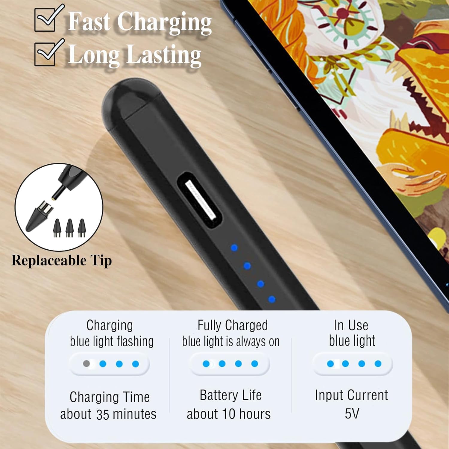 AASHZ Active Stylus Pens for Touch Screens Rechargeable Tablet Pen POM Tip Magnetic iPad Pencil Universal Stylus Pen for iPad/Pro/Air/Mini/iPhone/Samsung/iOS/Android and Other Smartphone Device-Black