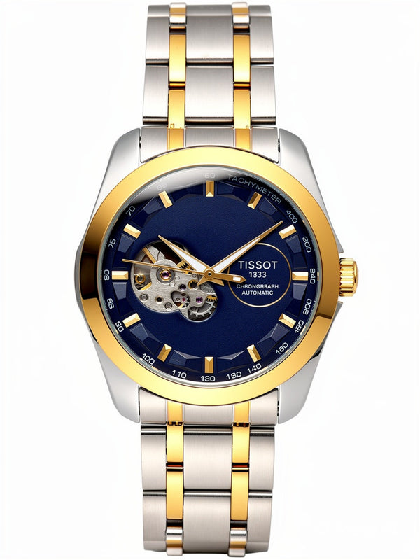 Automatic Skeleton Blue Dial Stainless Steel Watch for Men | Premium Luxury Timepiece (TwoTone) (Gold)