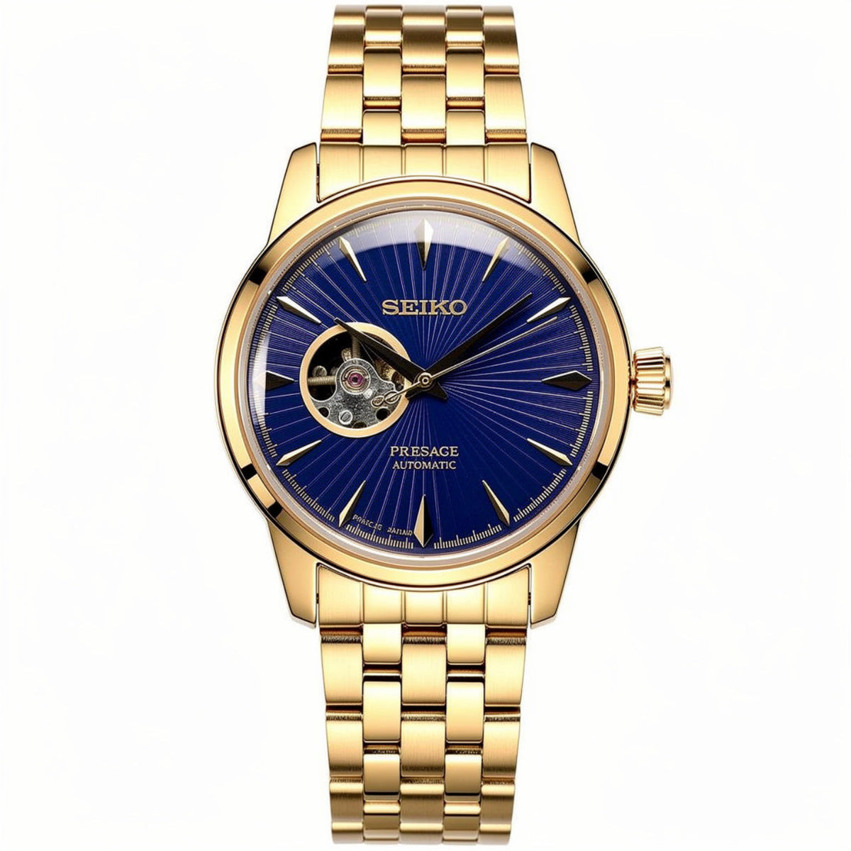 Automatic Open Heart Blue Dial Men’s Watch with Stainless Steel Strap (Gold)