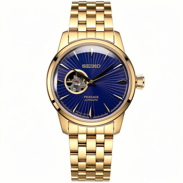 Automatic Open Heart Blue Dial Men’s Watch with Stainless Steel Strap (Gold)