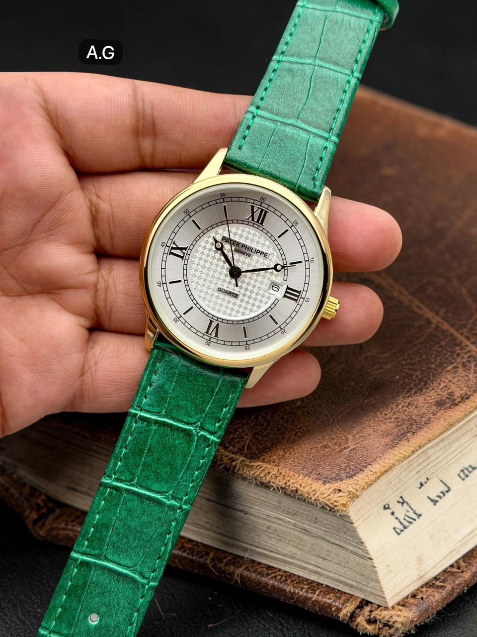 Classic Roman Dial Watch – Green Leather Strap | Elegant Quartz Collection
