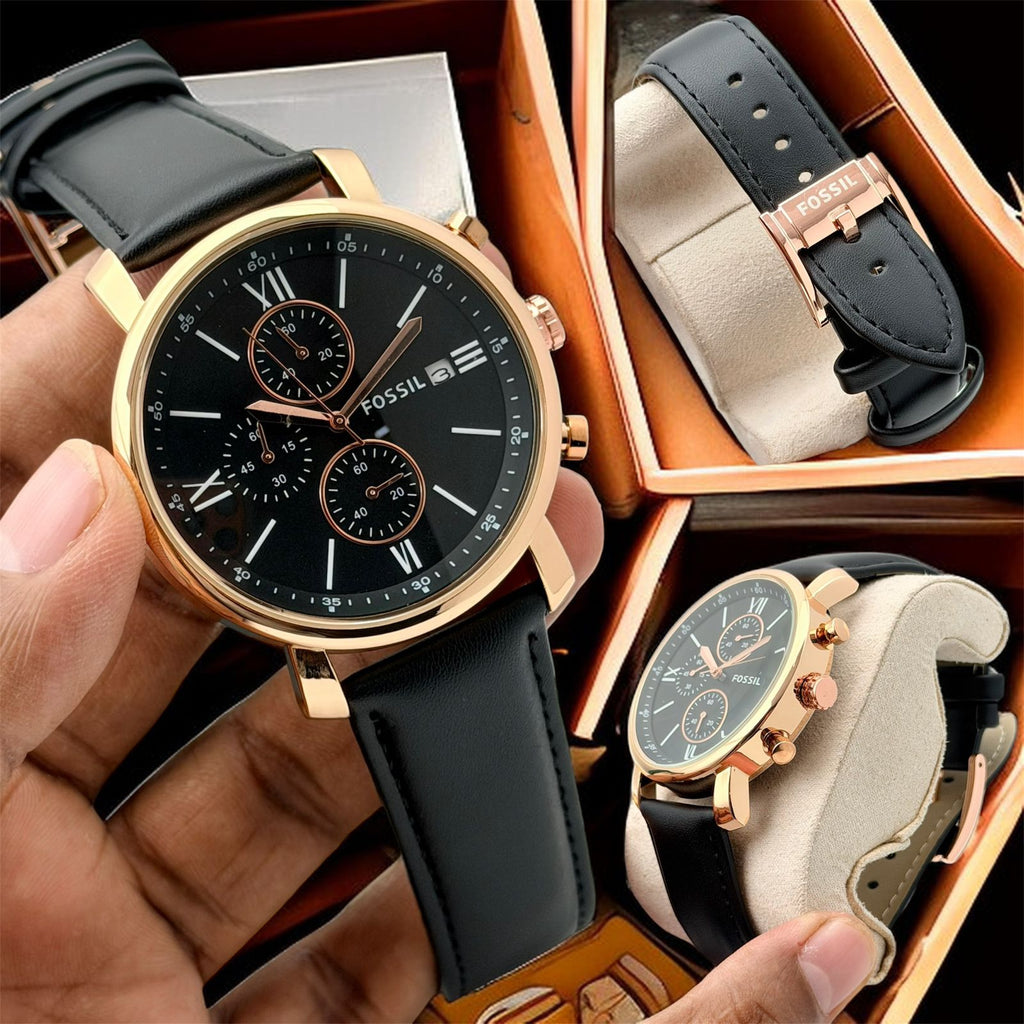 Chronograph Black Dial Leather Strap Watch – Rose Gold Case | Premium Men's Watch
