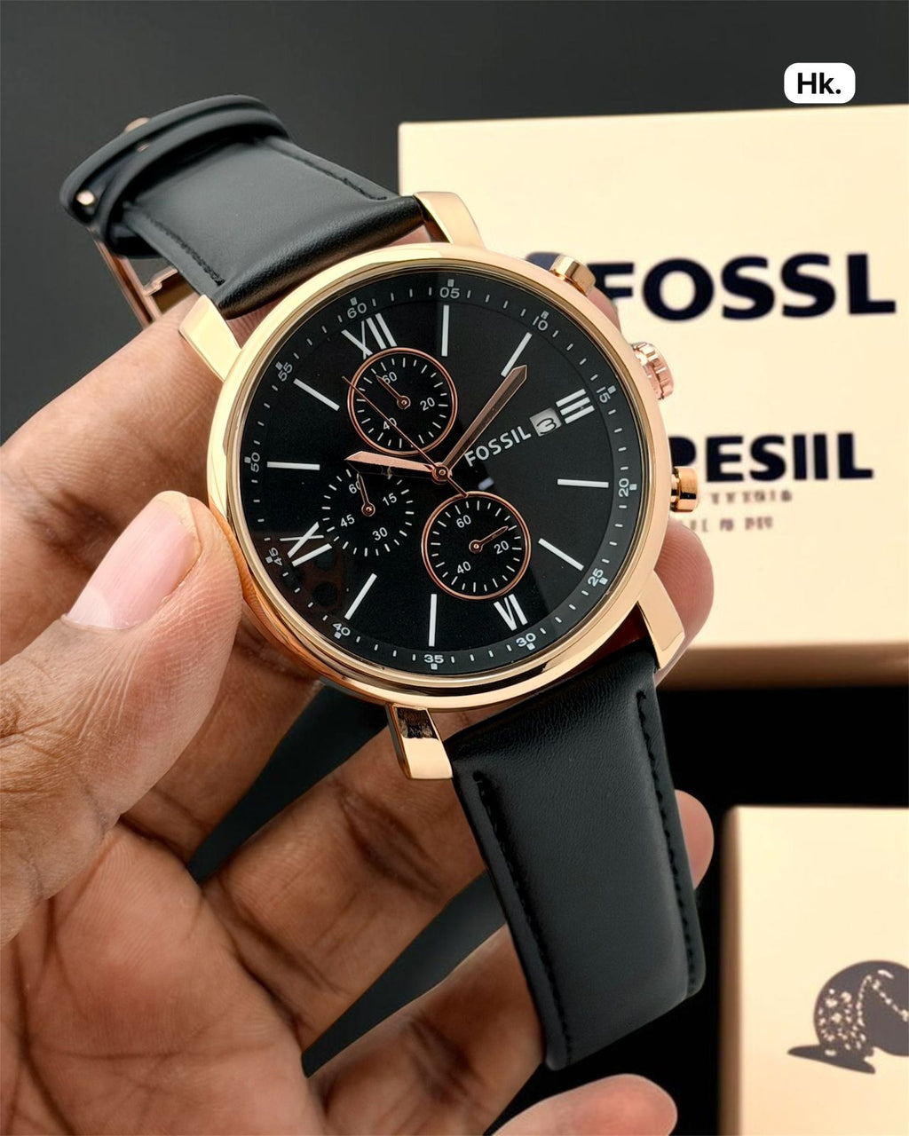 Chronograph Black Dial Leather Strap Watch – Rose Gold Case | Premium Men's Watch