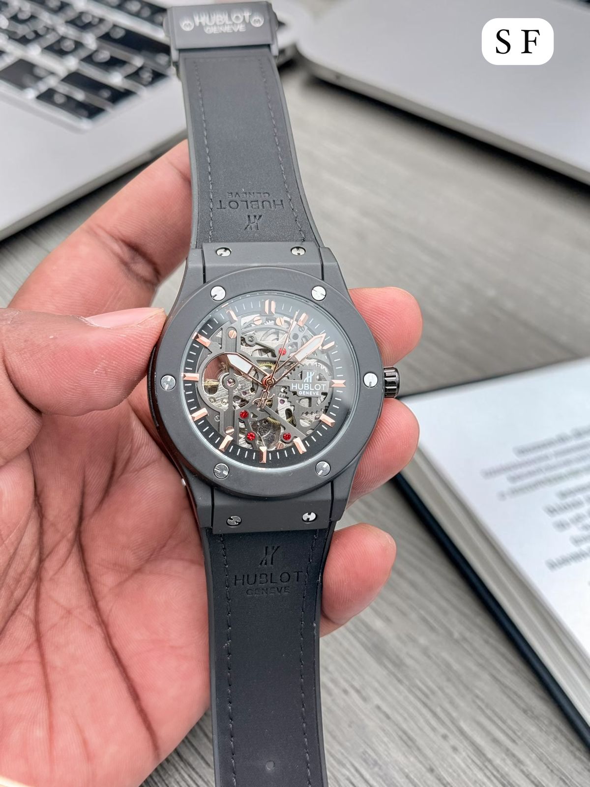 Geneva Blue Skeleton Dial Premium Men's Luxury Watch with Hard Leather Strap