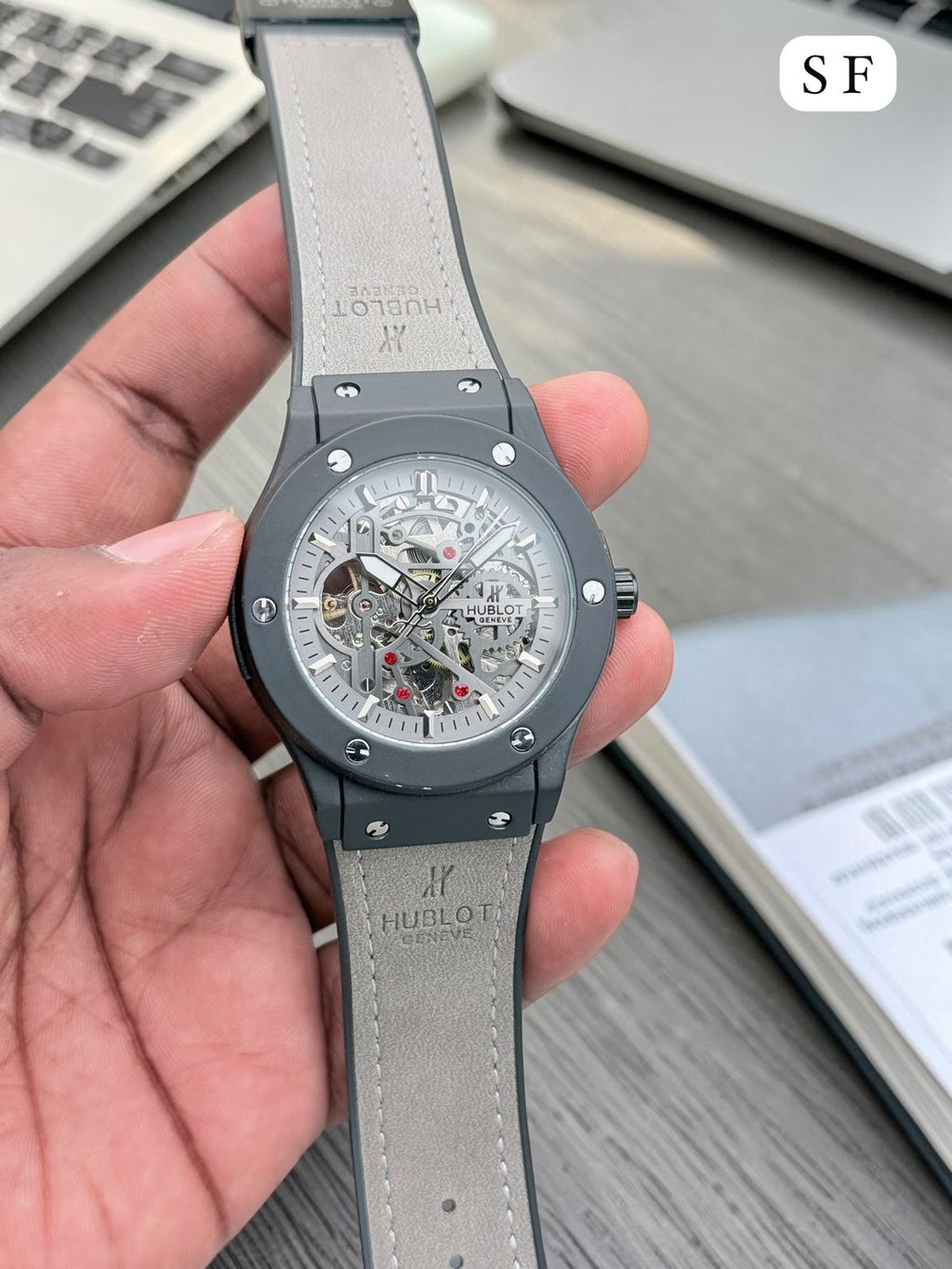 Geneva Blue Skeleton Dial Premium Men's Luxury Watch with Hard Leather Strap
