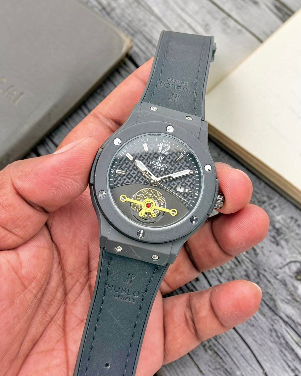 Geneva Blue Skeleton Dial Premium Men's Luxury Watch with Hard Leather Strap