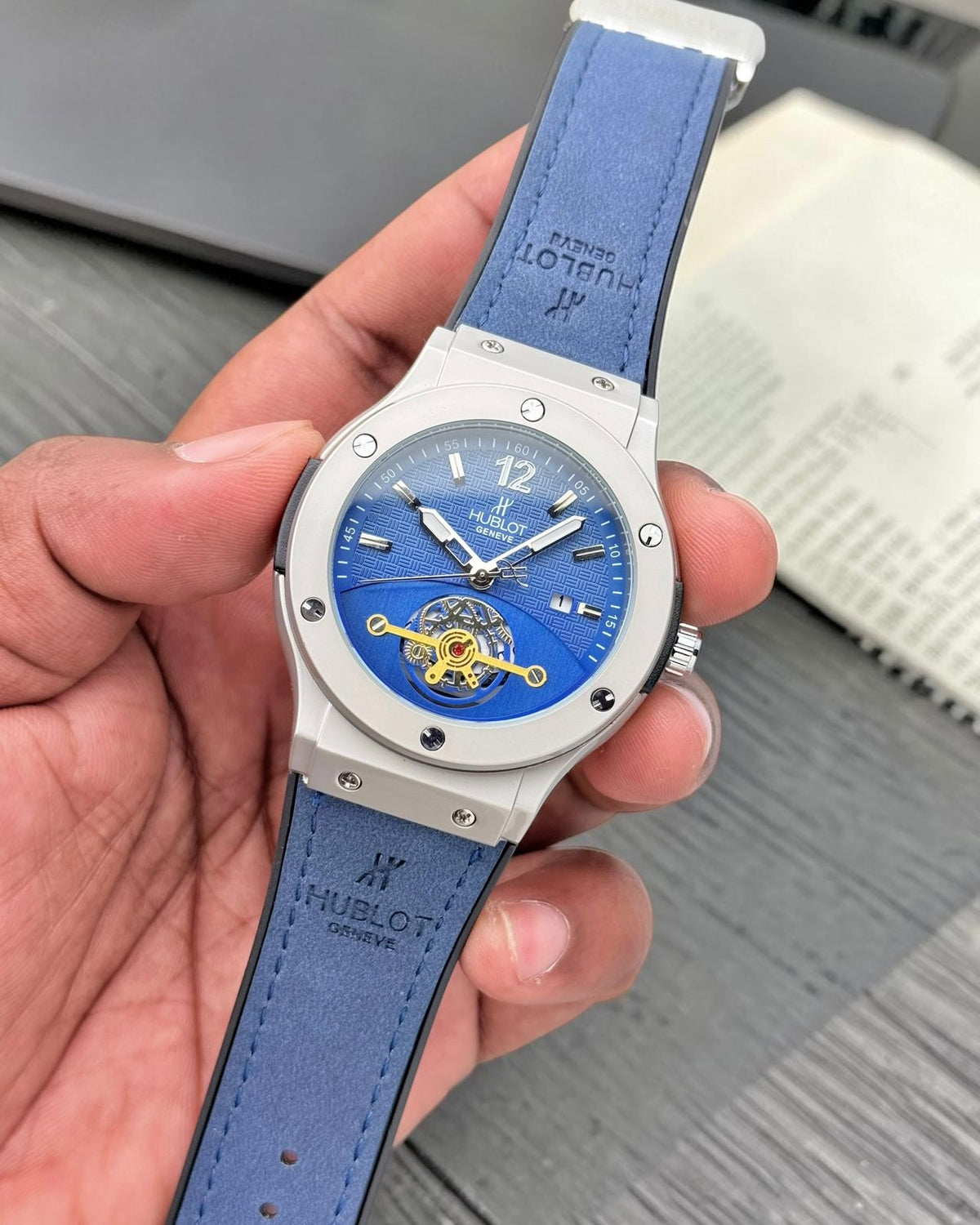 Geneva Blue Skeleton Dial Premium Men's Luxury Watch with Hard Leather Strap