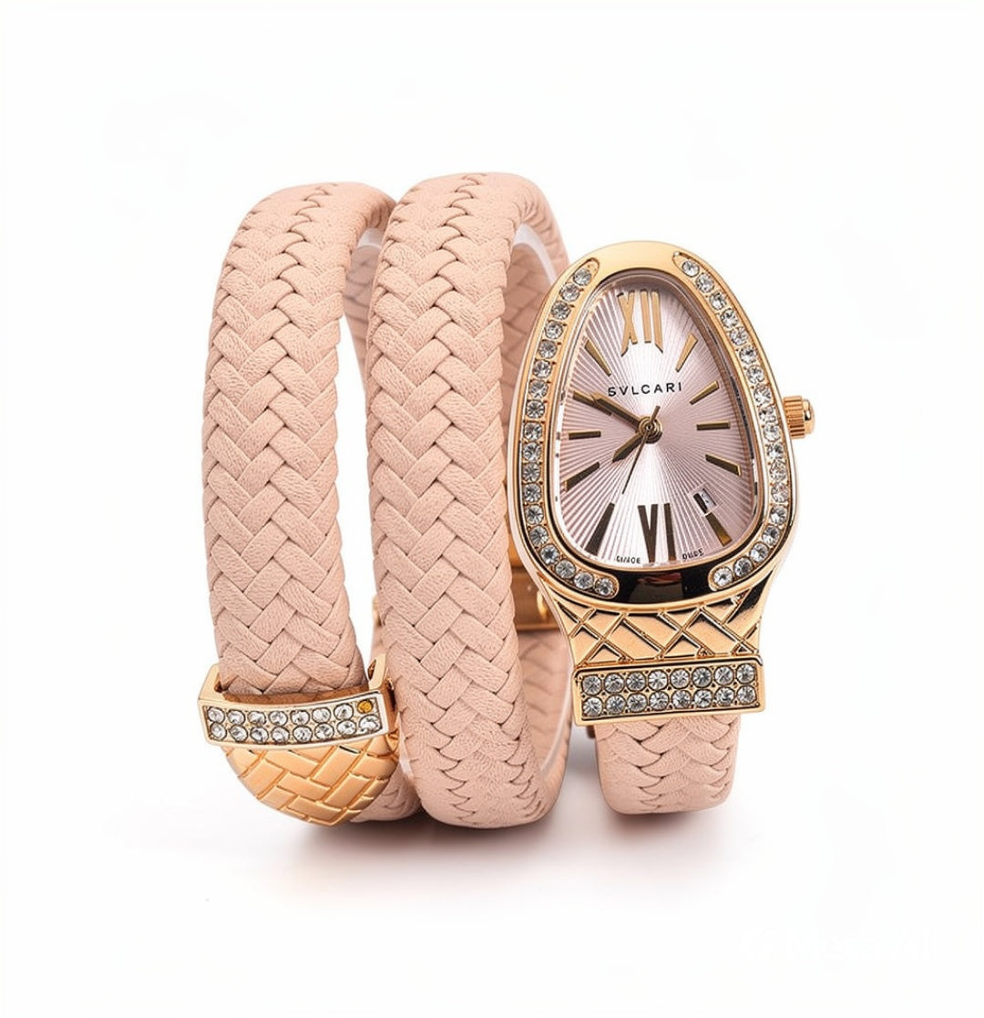 Luxury Green Double Wrap Bracelet Watch for Women with Rose Gold Crystal Dial