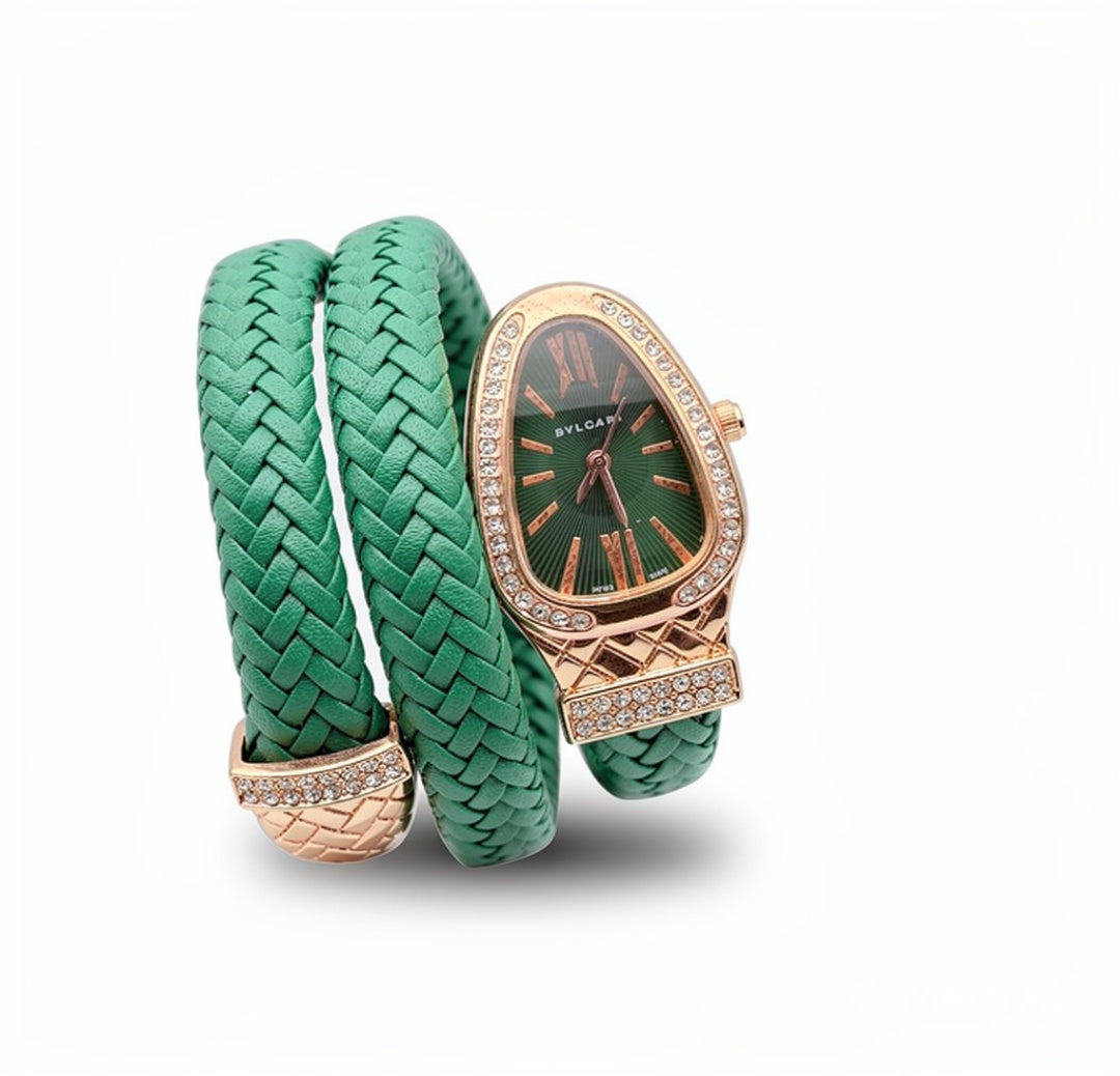 Luxury Green Double Wrap Bracelet Watch for Women with Rose Gold Crystal Dial