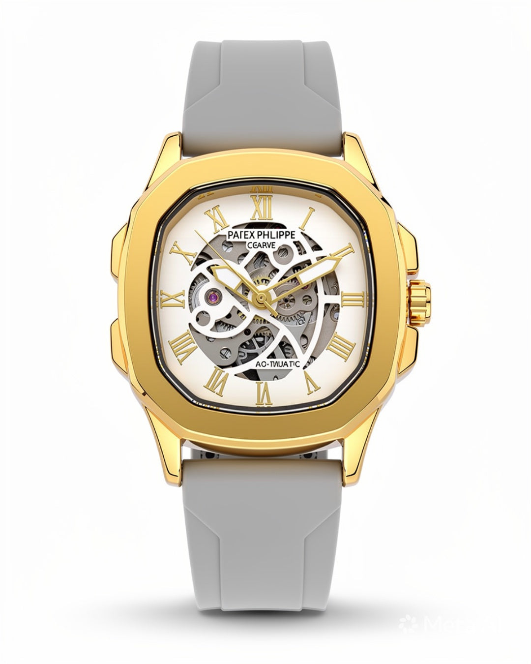 Men's Gold Automatic Watch Green Dial | Skeleton Mechanical Watch with Silicone Strap