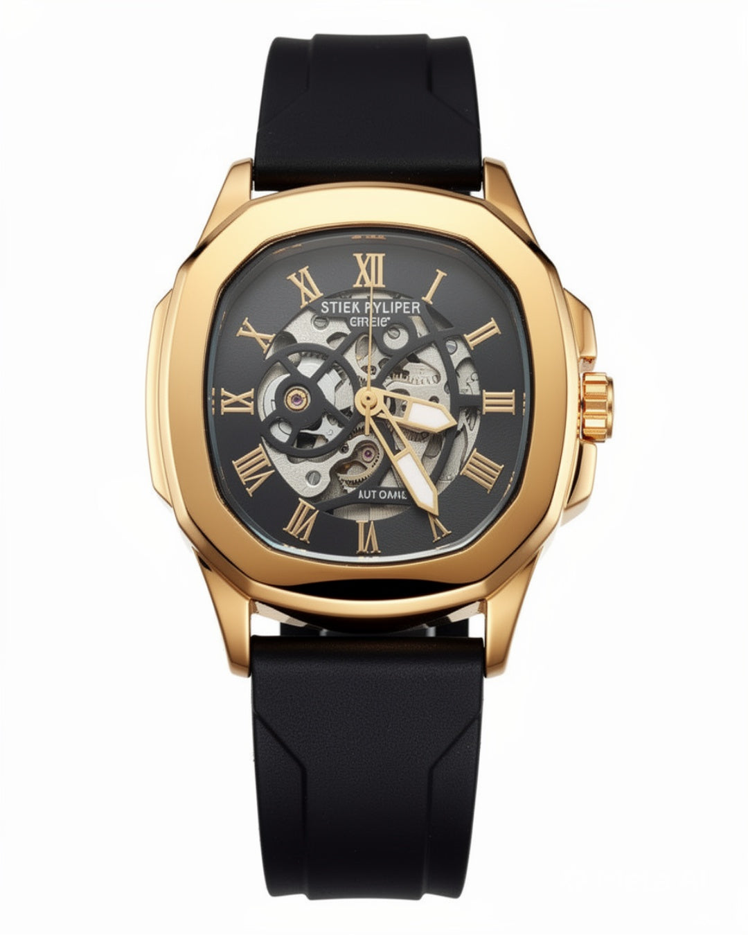 Men's Gold Automatic Watch Green Dial | Skeleton Mechanical Watch with Silicone Strap