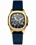 Men's Gold Automatic Watch Green Dial | Skeleton Mechanical Watch with Silicone Strap