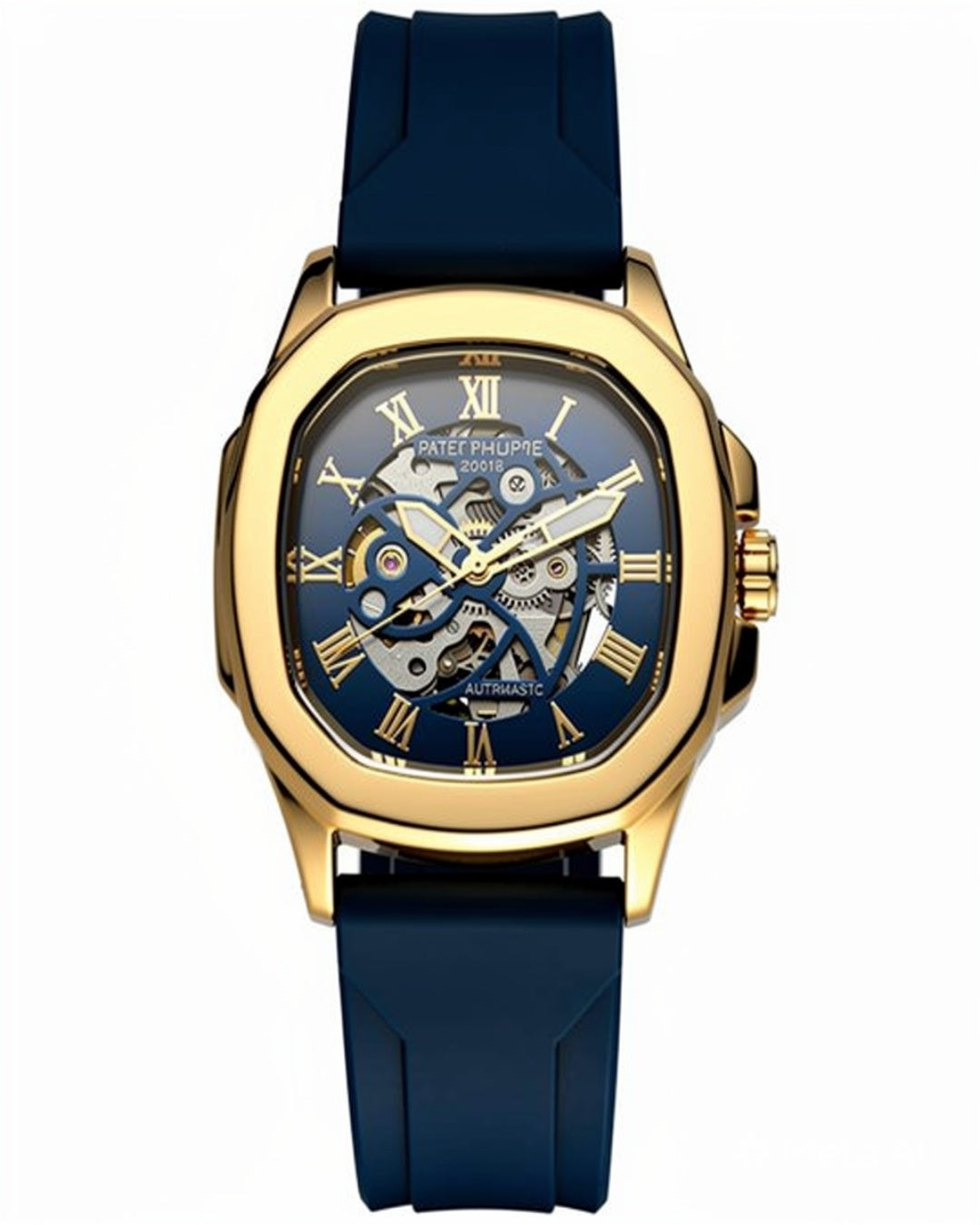 Men's Gold Automatic Watch Green Dial | Skeleton Mechanical Watch with Silicone Strap