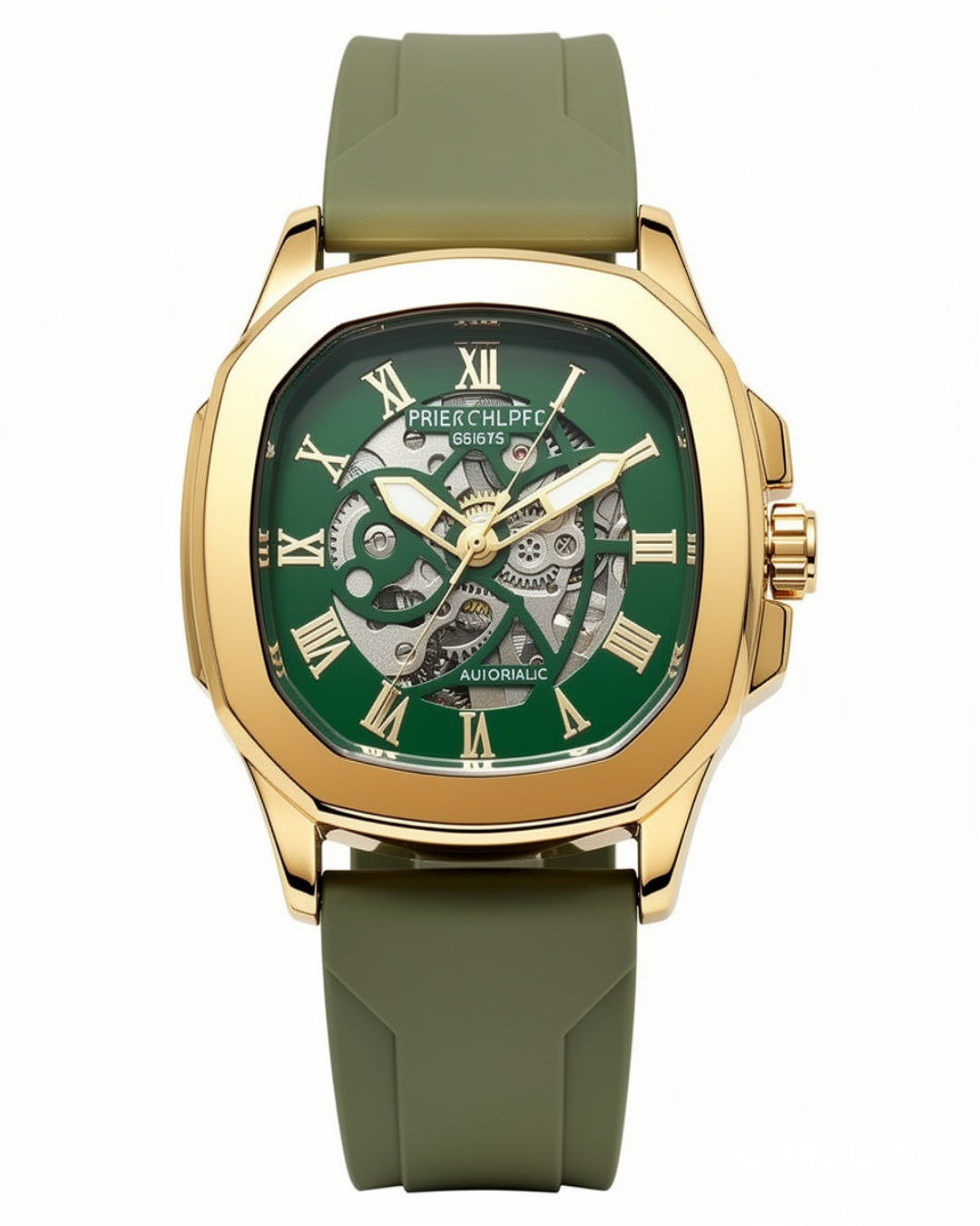 Men's Gold Automatic Watch Green Dial | Skeleton Mechanical Watch with Silicone Strap