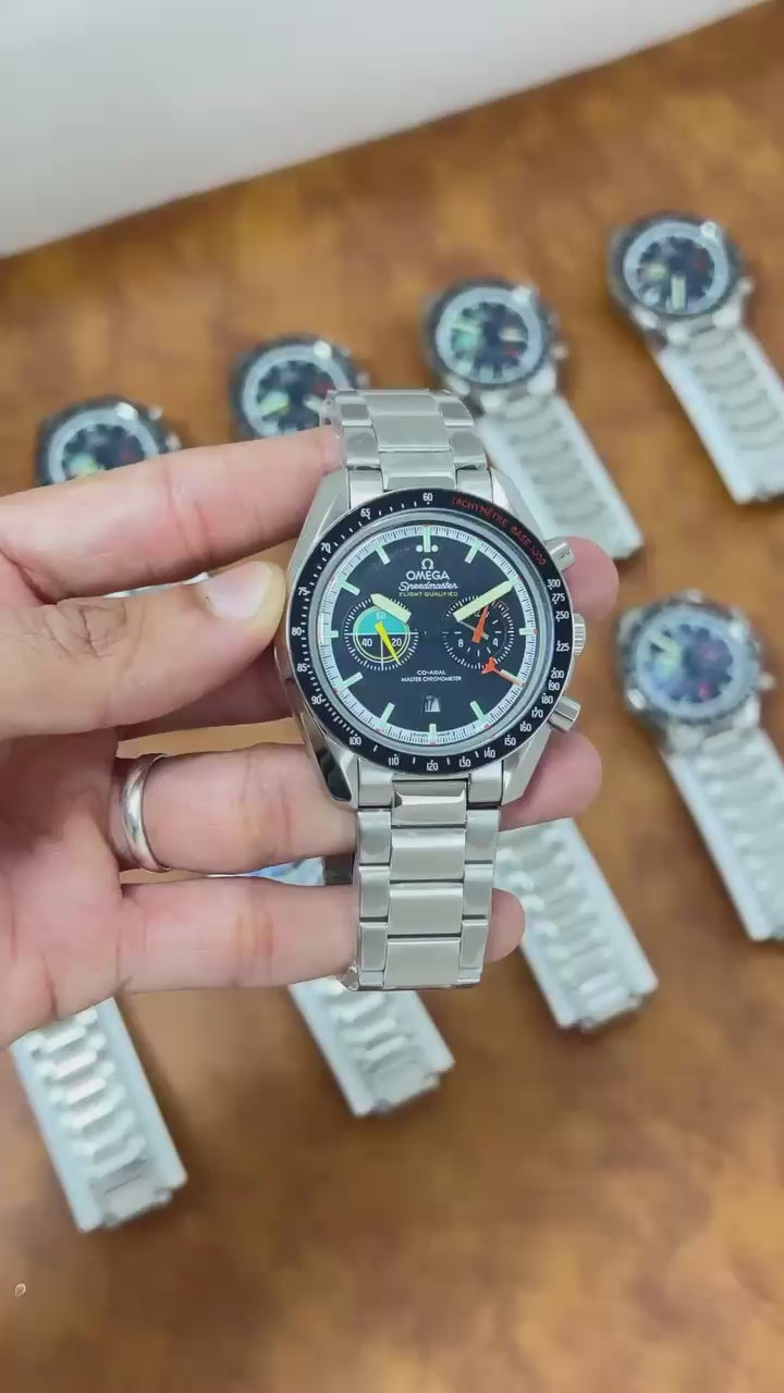Luxury Men’s Black Chronograph Watch – Stainless Steel Bracelet with Tachymeter Dial
