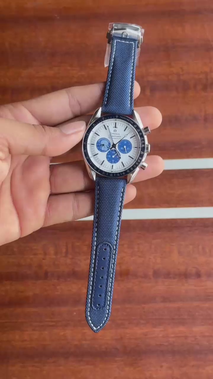 Men’s Luxury Chronograph Automatic Watch – Blue Strap & Silver Dial