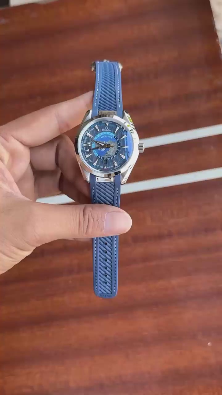 Luxury Men’s Blue World Time Analog Automatic Watch – Stainless Steel Case with Blue Strap & Globe Dial