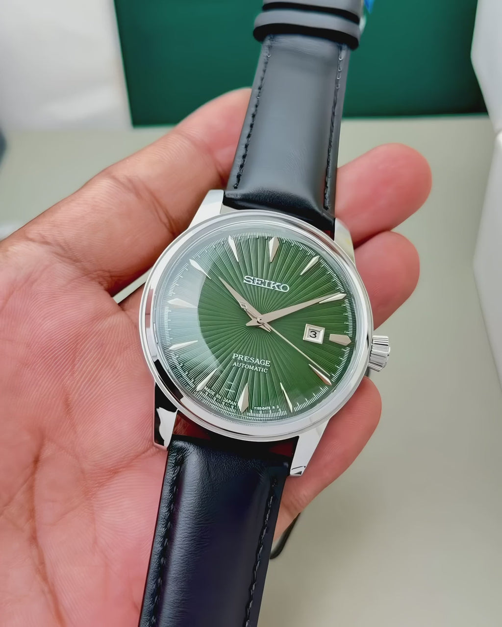 Automatic Watch – Green Dial, Silver Case & Black Leather Strap