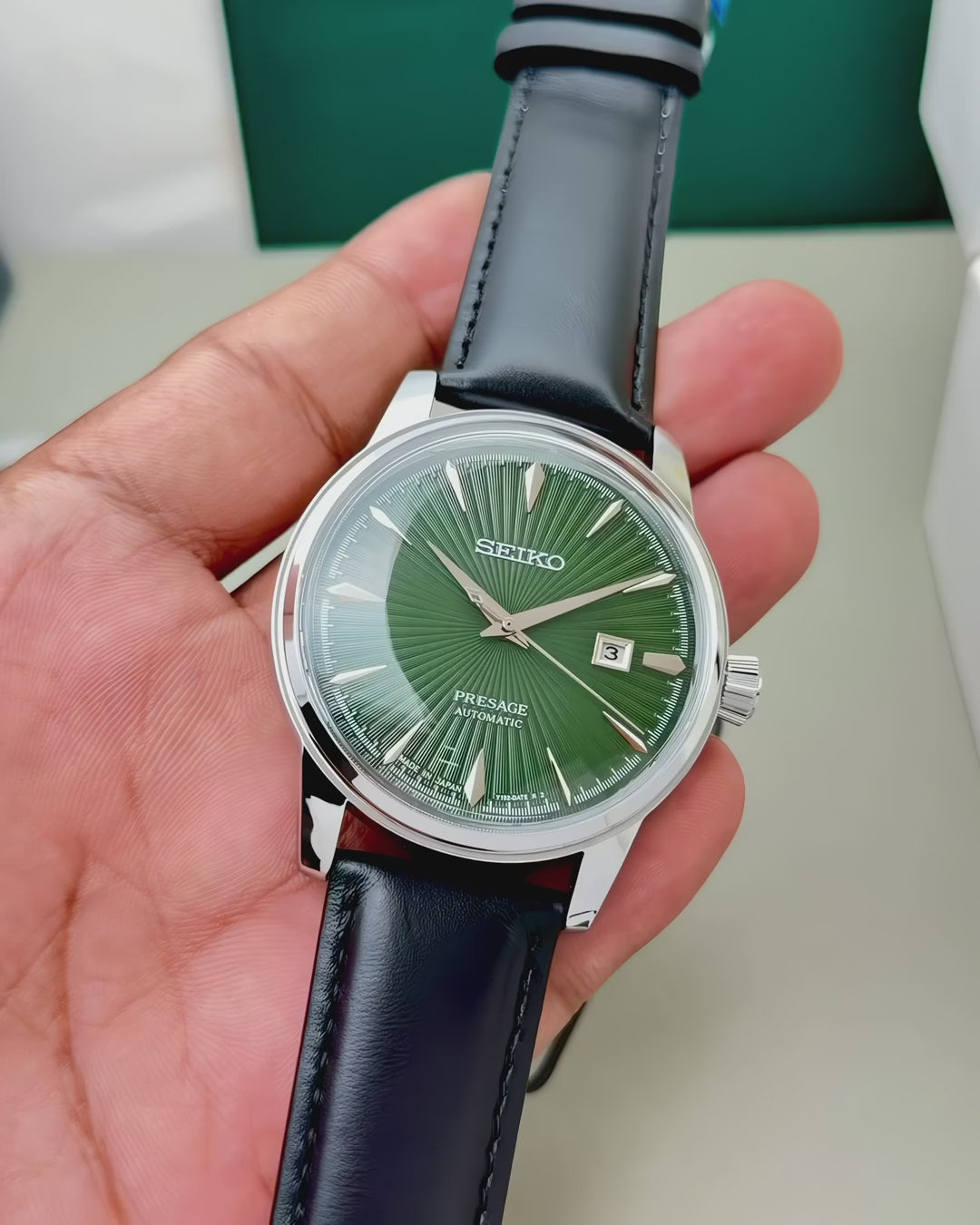 Automatic Watch – Green Dial, Silver Case & Black Leather Strap