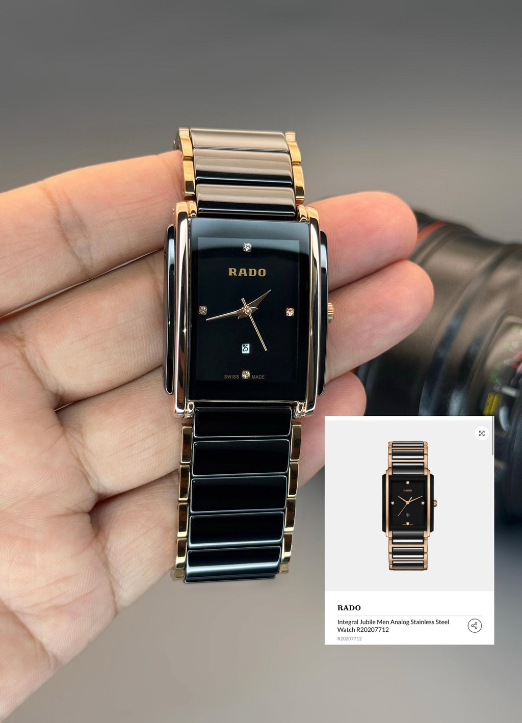 Ceramic Two-Tone Rectangular Watch | Black Dial with Diamond Markers