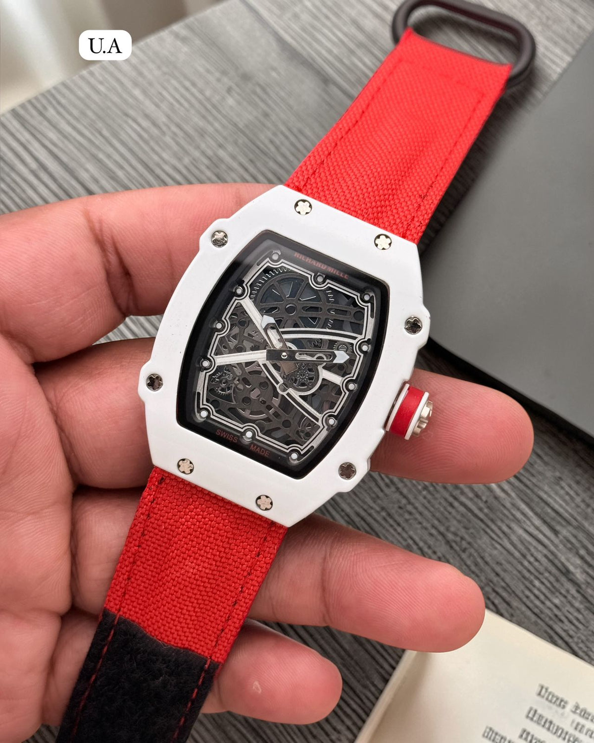 Luxury White Skeleton Dial Tonneau Men's Watch with Canvas Strap