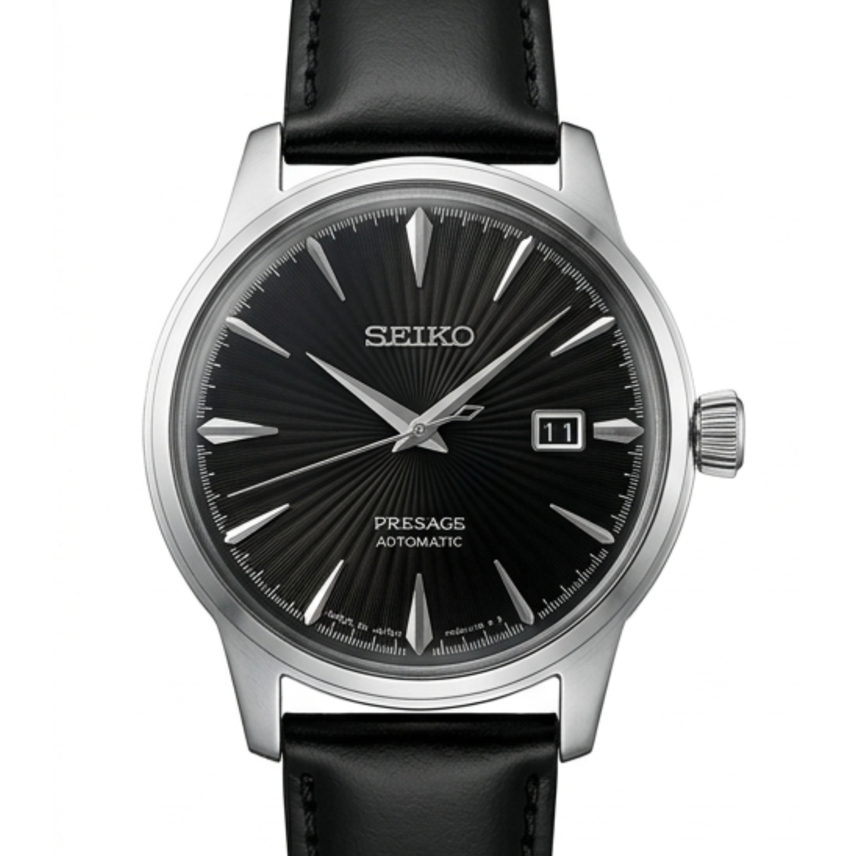Automatic Watch – Black Dial, Silver Case & Black Leather Strap