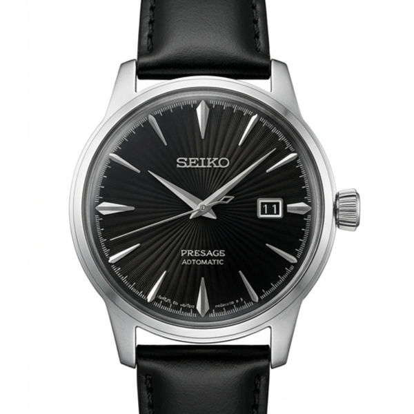 Automatic Watch – Black Dial, Silver Case & Black Leather Strap