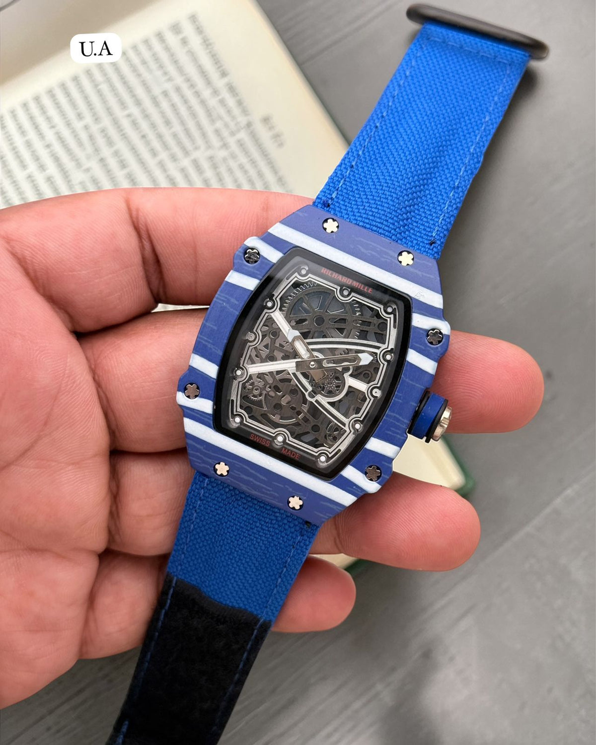 Luxury White Skeleton Dial Tonneau Men's Watch with Canvas Strap
