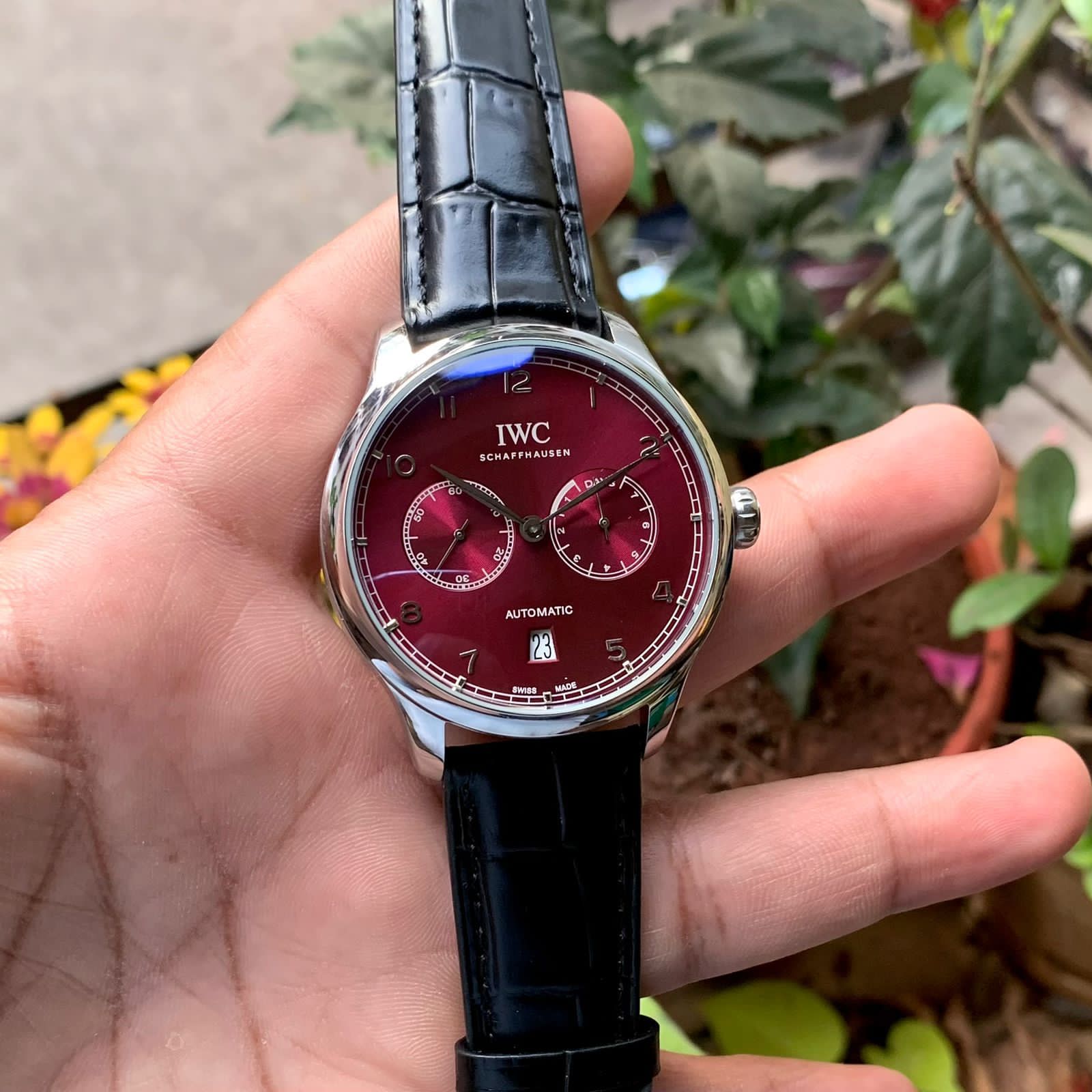 Schaffhausen Automatic Portofino Days Display – Maroon Dail Black Leather Belt Watch