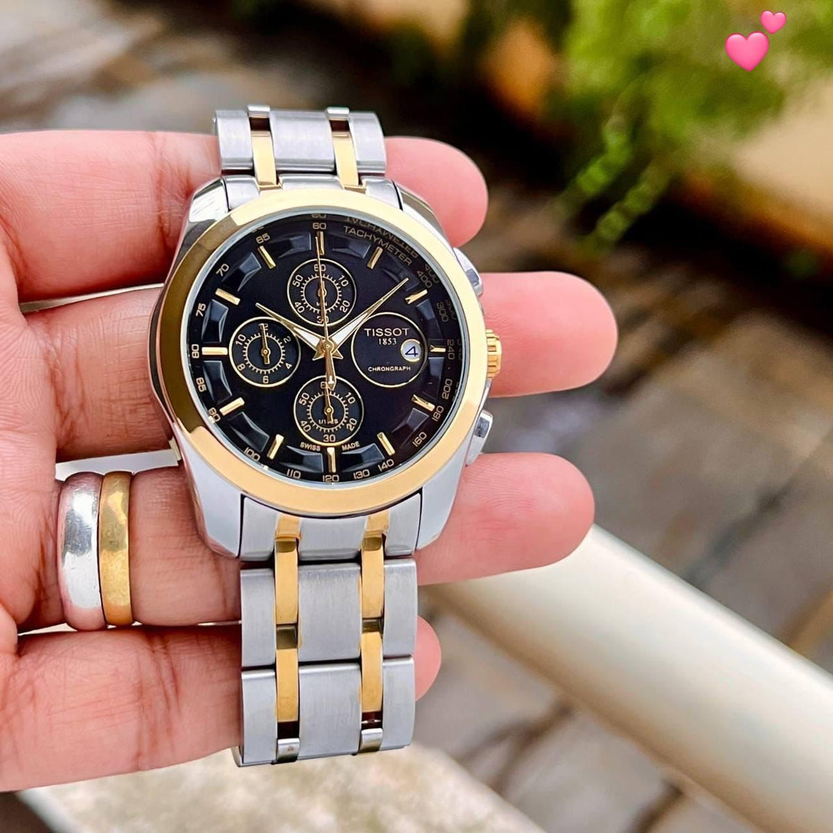 Two-Tone Chronograph Watch for Men - Silver & Gold Stainless Steel Bracelet, White Dial, Tachymetre, Date Display