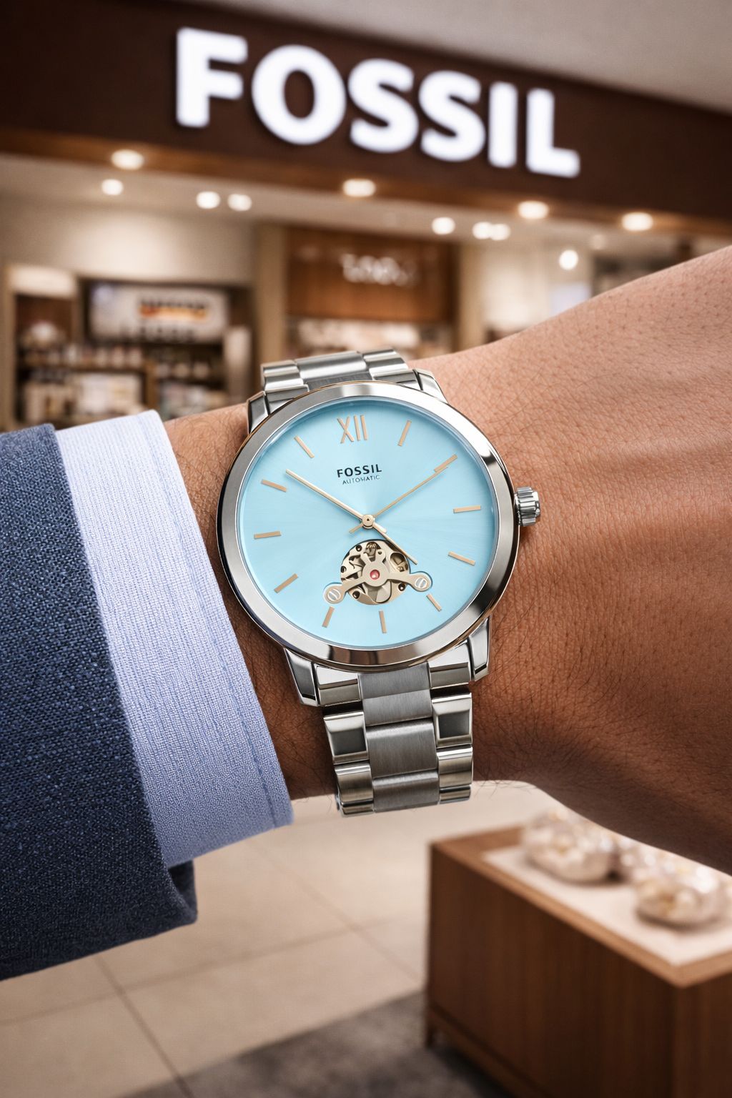 Automatic Sky Blue Dial Stainless Steel Men's Watch | Open Heart Automatic