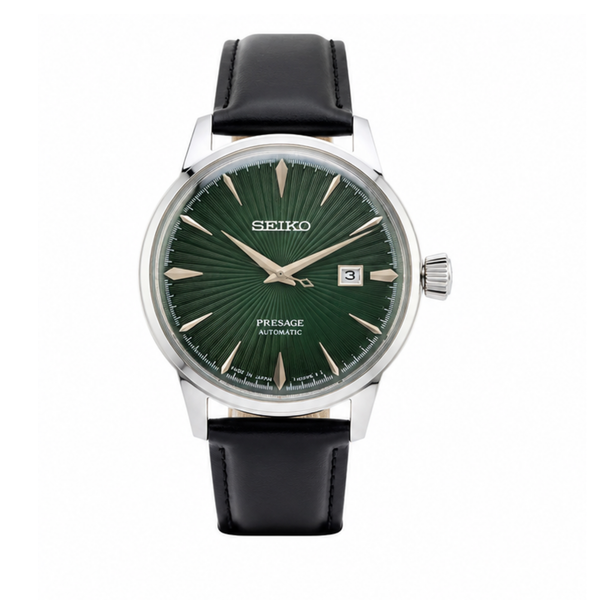 Automatic Watch – Green Dial, Silver Case & Black Leather Strap