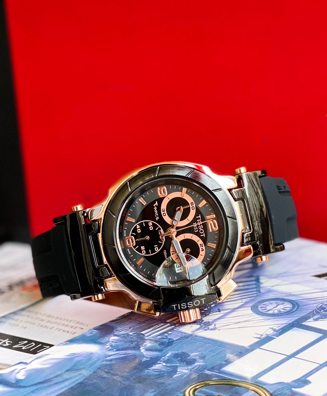 T-Race Chronograph Black Dial Orange Rubber Strap Men's Watch | Sports & Casual