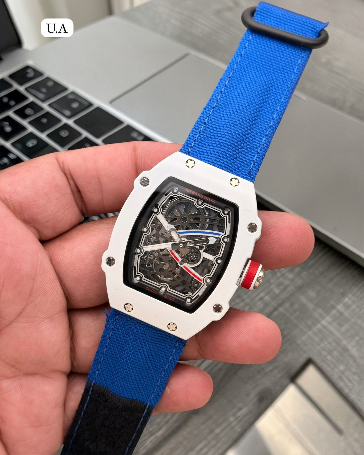 Luxury White Skeleton Dial Tonneau Men's Watch with Canvas Strap