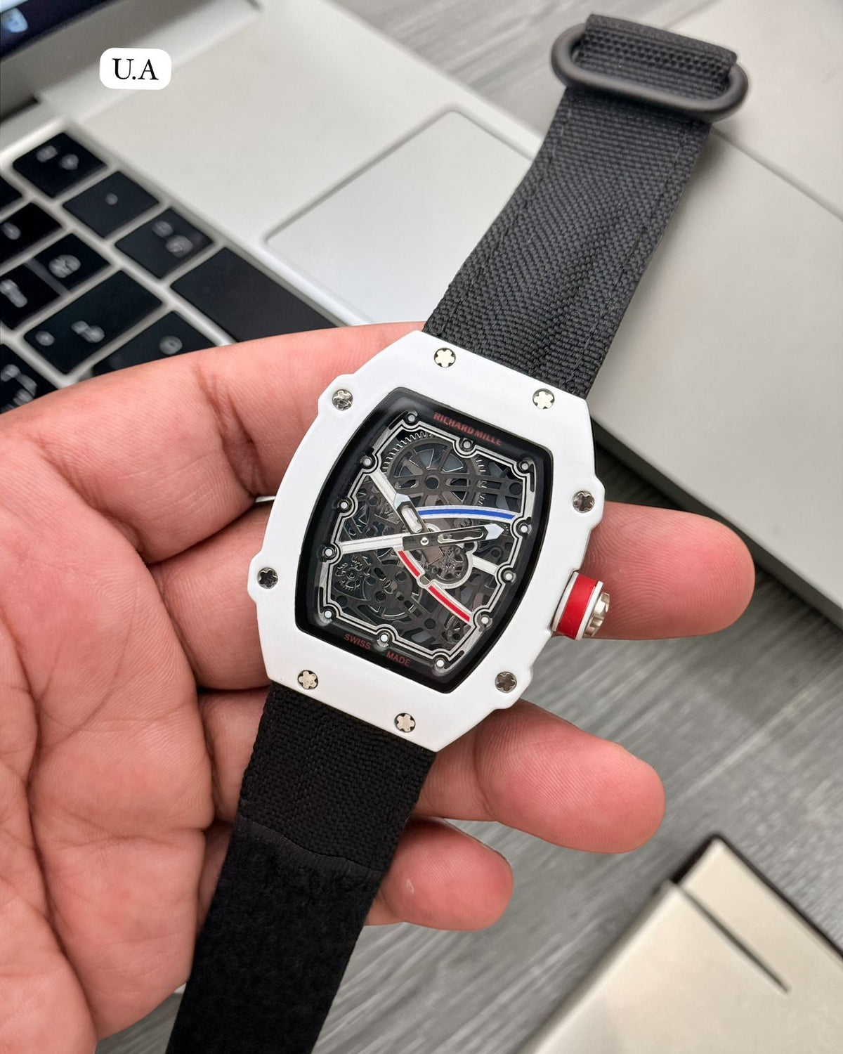 Luxury White Skeleton Dial Tonneau Men's Watch with Canvas Strap