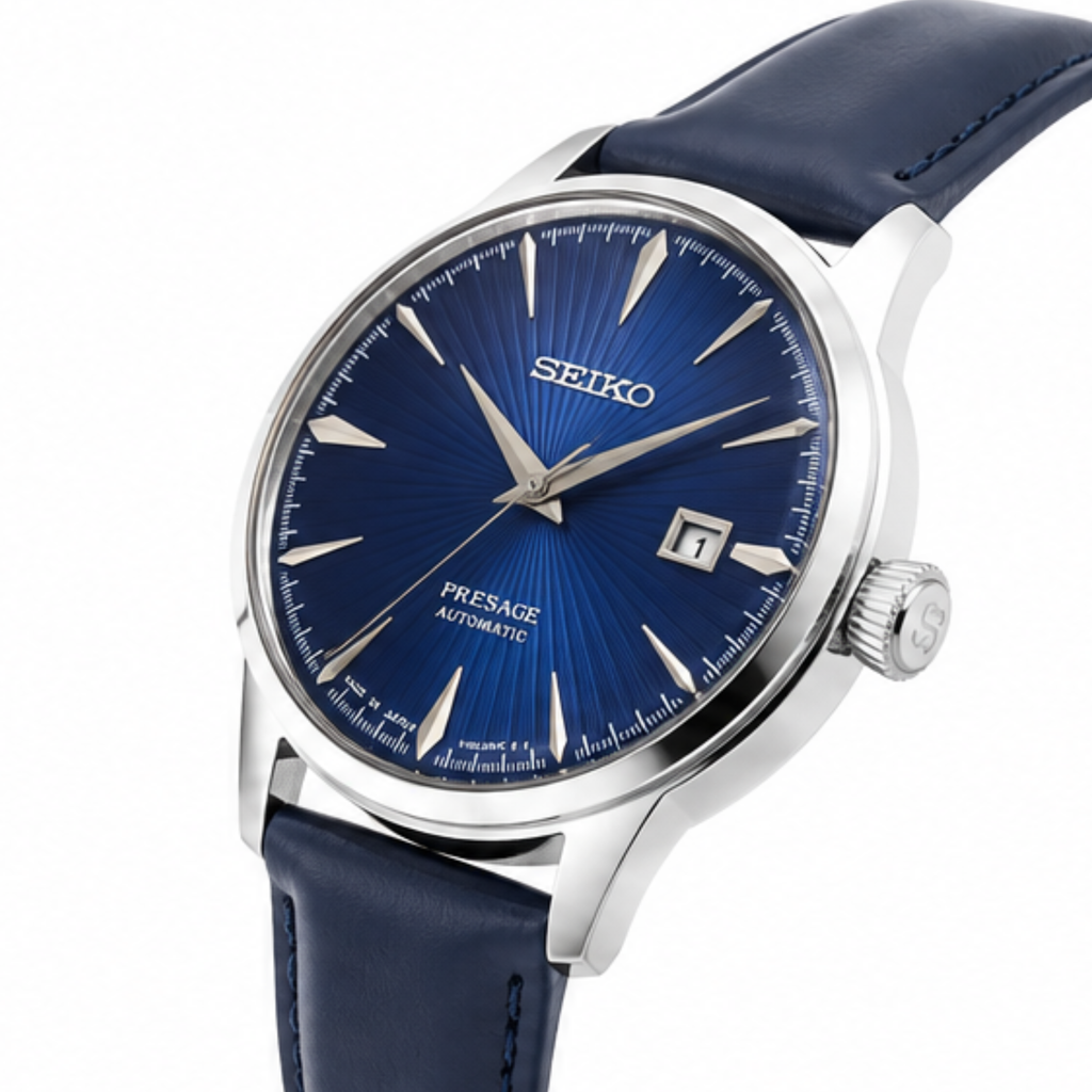 Automatic Watch – Blue Dial, Silver Case & Blue Leather Strap