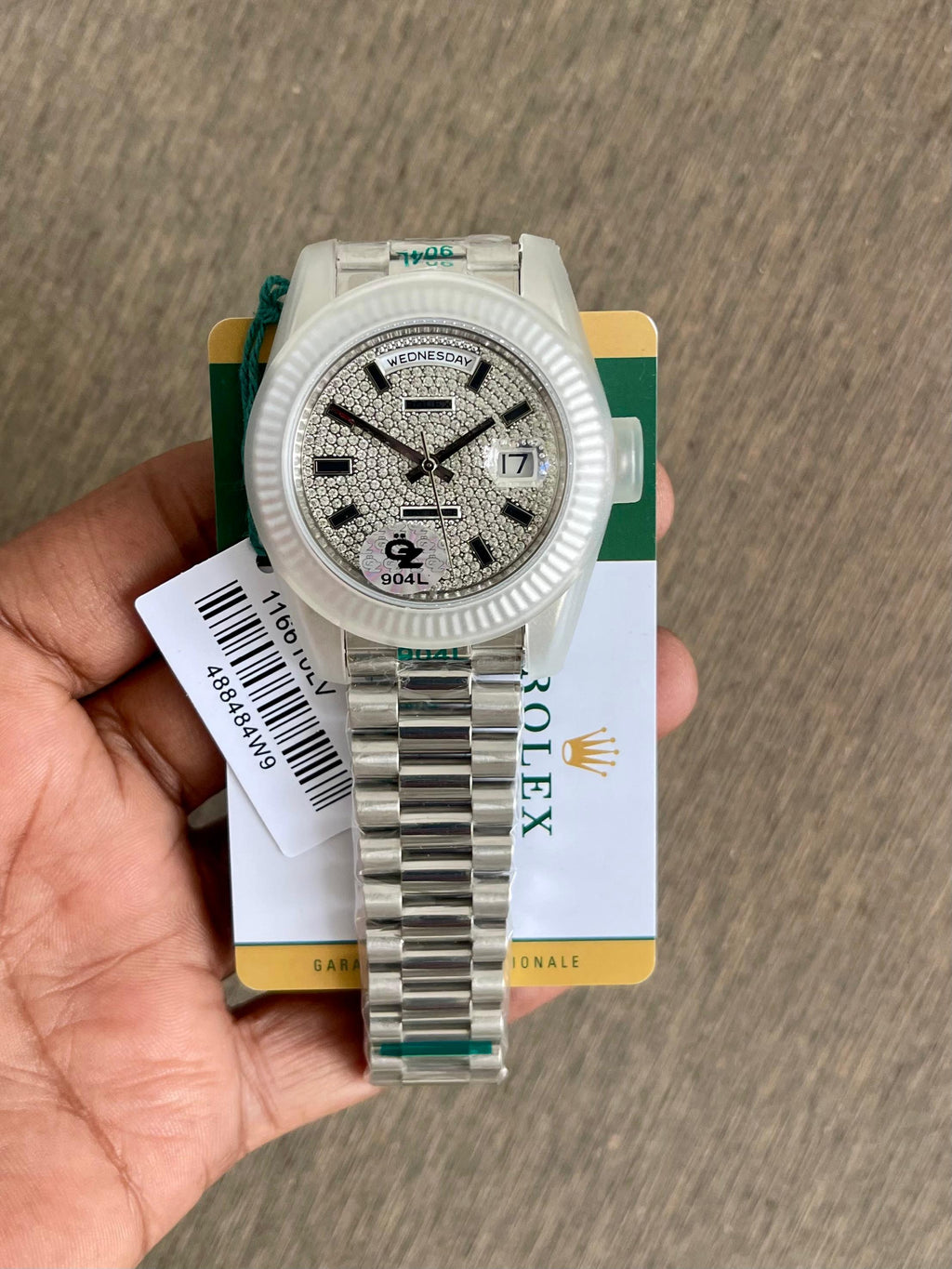 Silver Diamond Dial Day-Date Watch with Stainless Steel | Full Iced Out Look