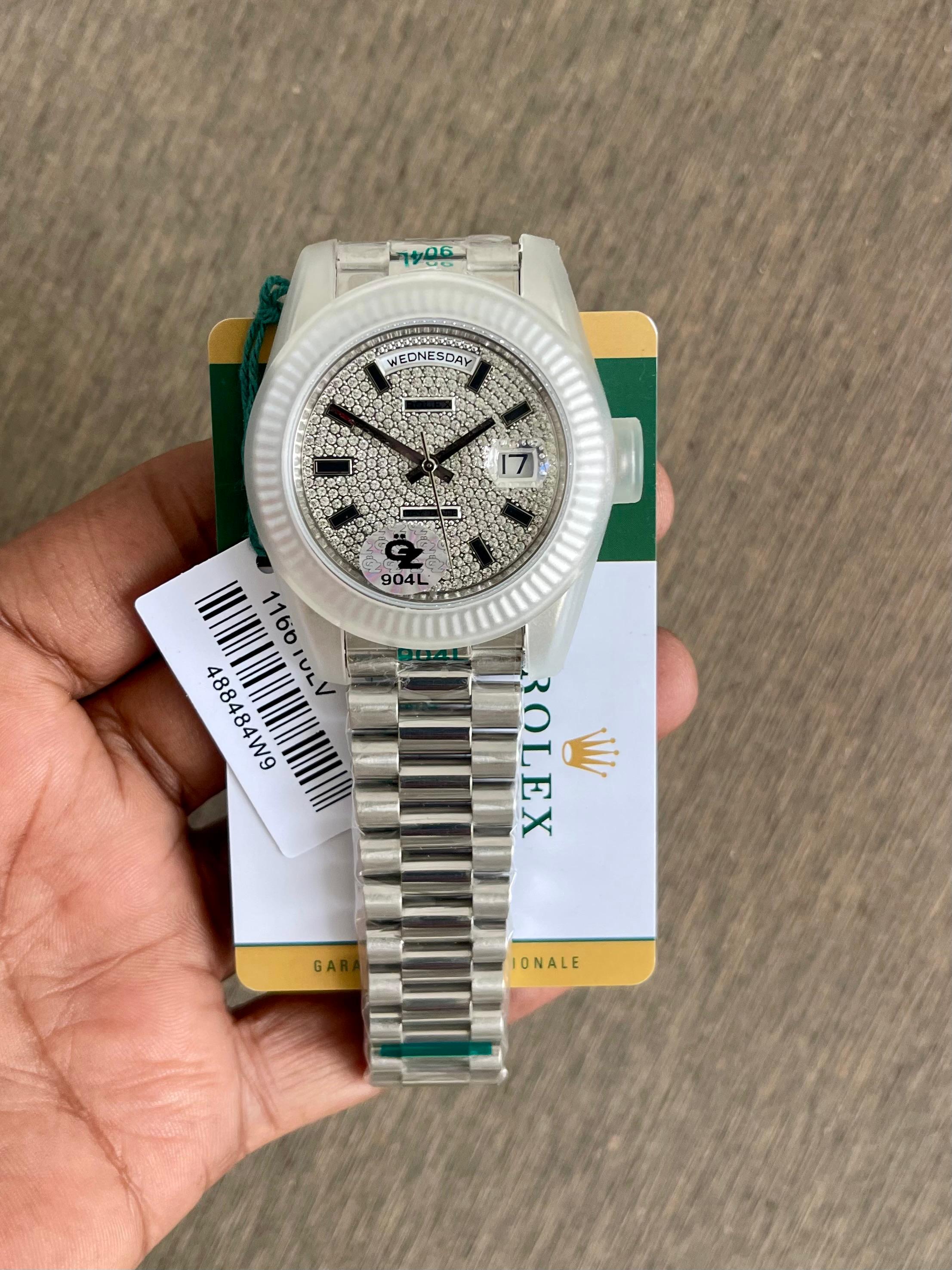 Silver Diamond Dial Day-Date Watch with Stainless Steel | Full Iced Out Look