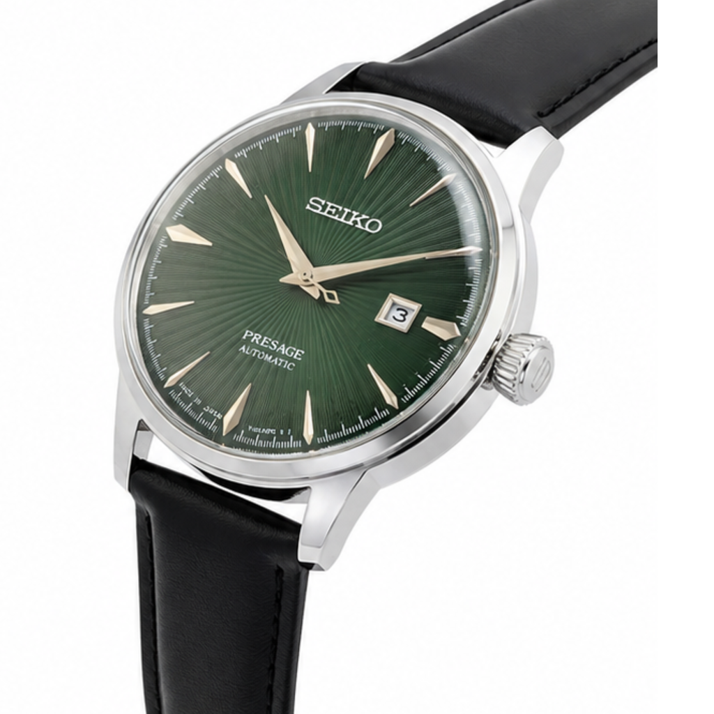 Automatic Watch – Green Dial, Silver Case & Black Leather Strap
