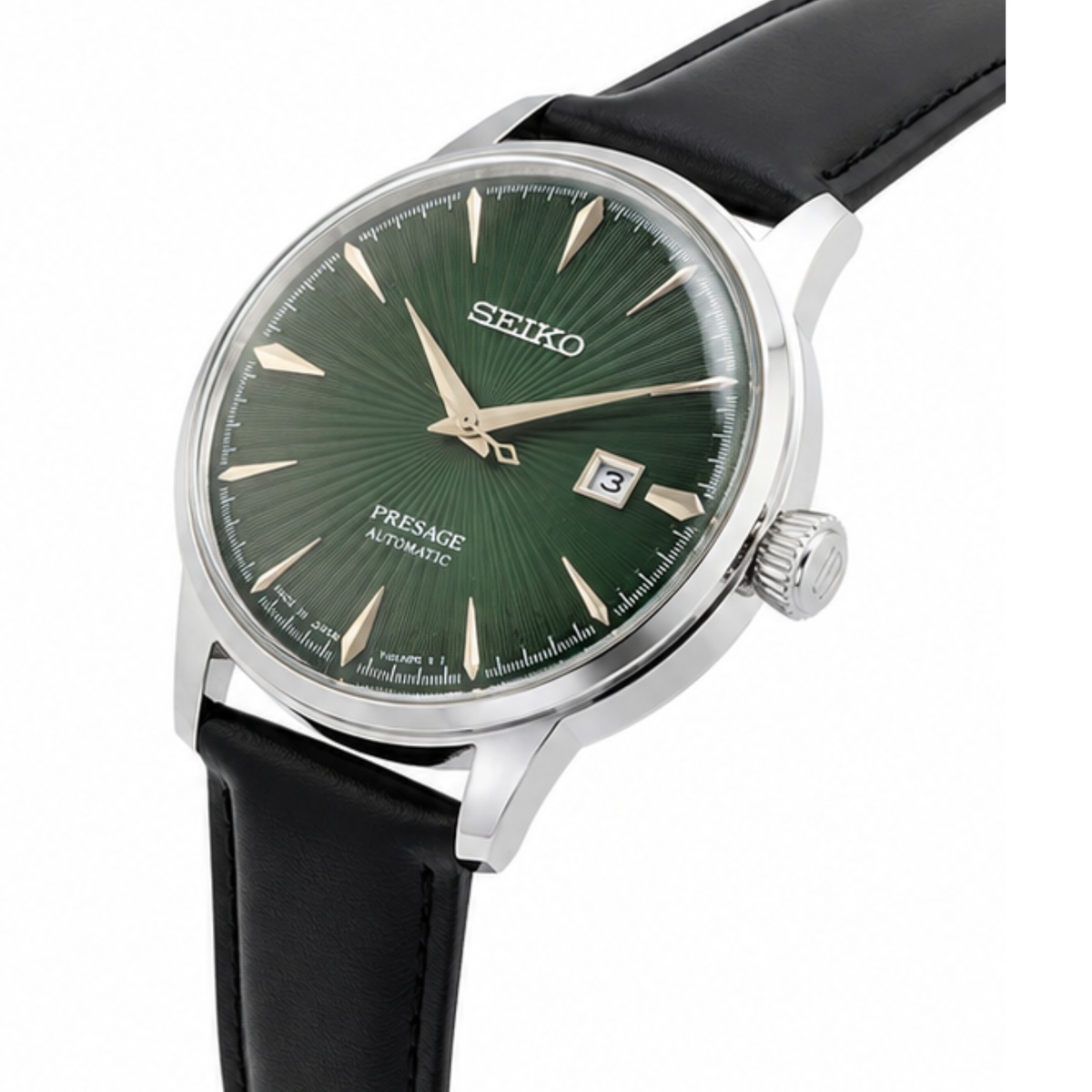 Automatic Watch – Green Dial, Silver Case & Black Leather Strap