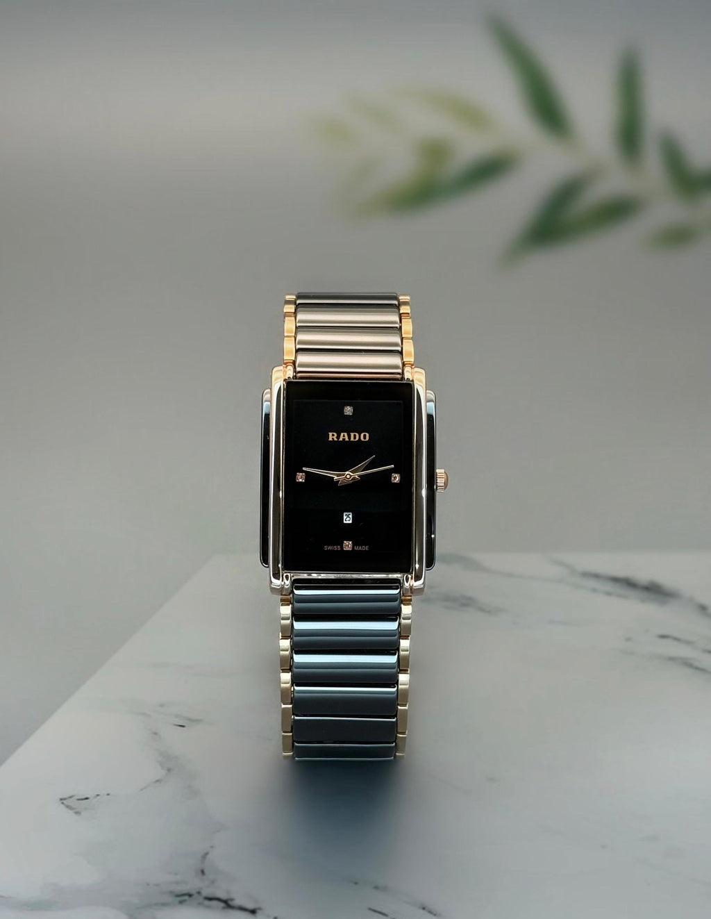 Ceramic Two-Tone Rectangular Watch | Black Dial with Diamond Markers