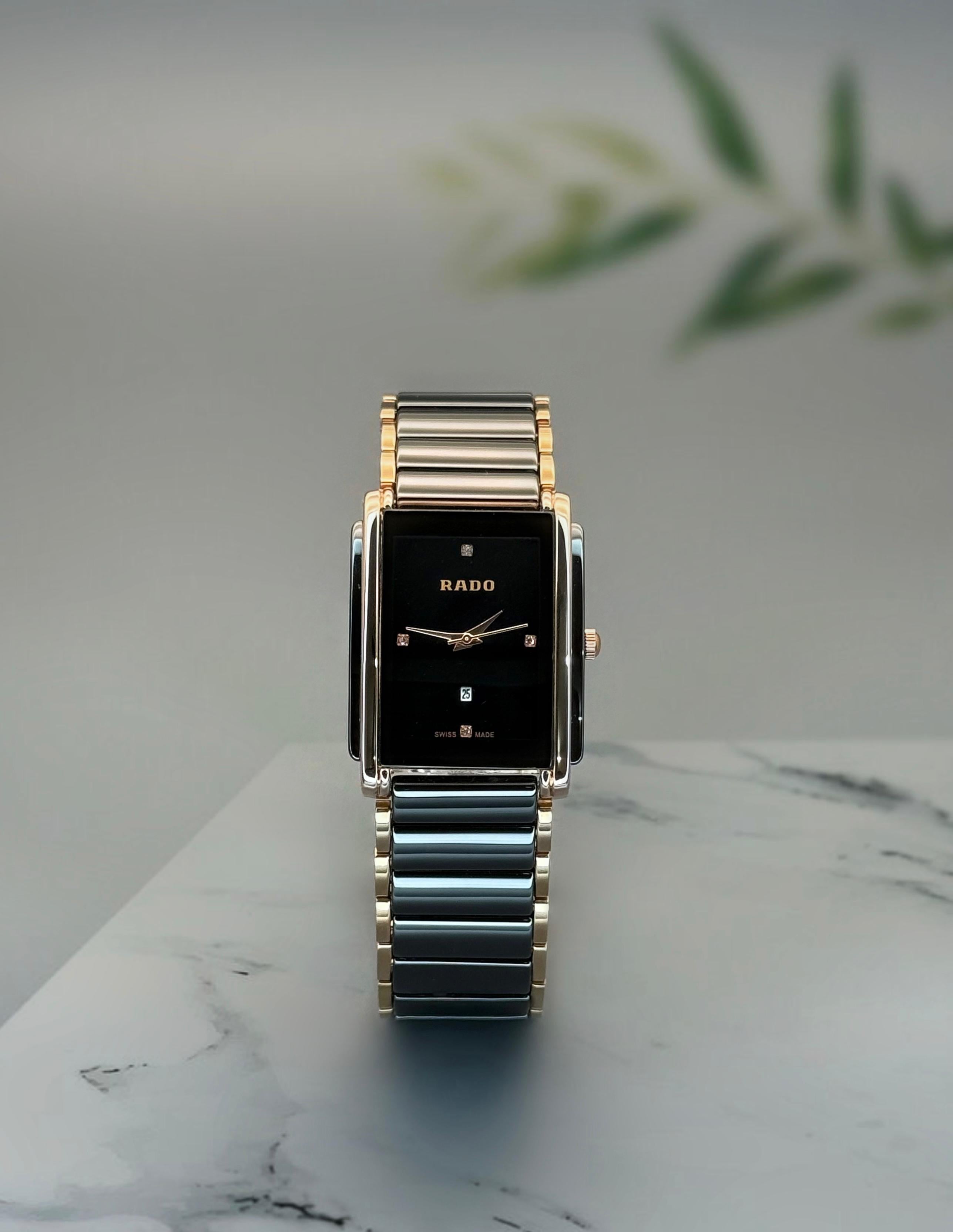 Ceramic Two-Tone Rectangular Watch | Black Dial with Diamond Markers