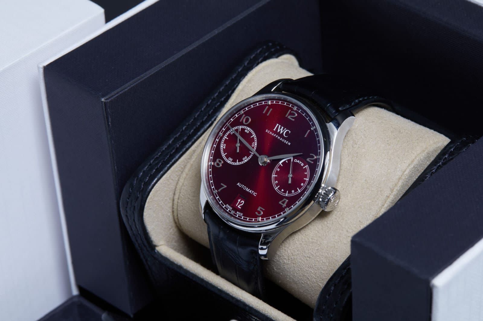 Schaffhausen Automatic Portofino Days Display – Maroon Dail Black Leather Belt Watch