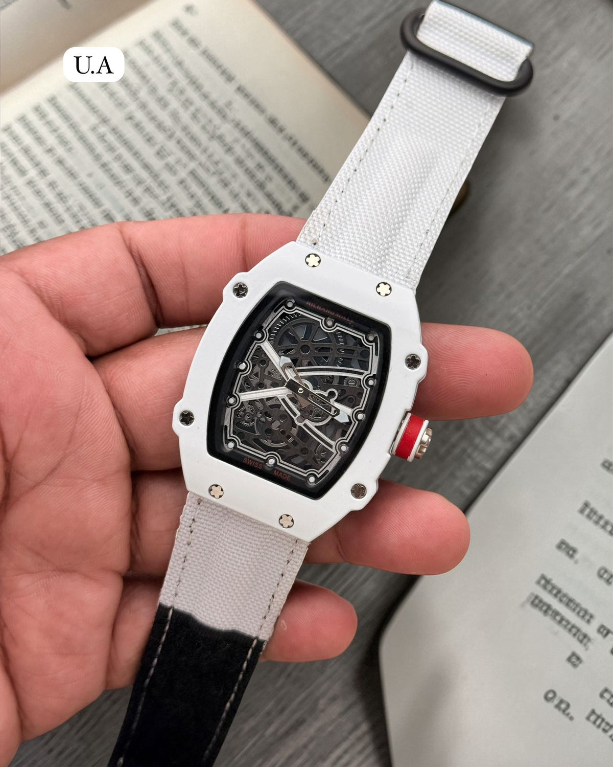 Luxury White Skeleton Dial Tonneau Men's Watch with Canvas Strap