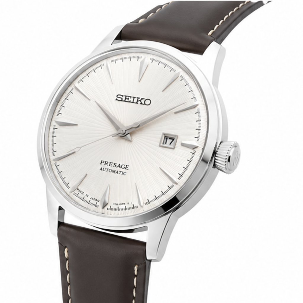 Automatic Watch – White Dial, Silver Case & Brown Leather Strap