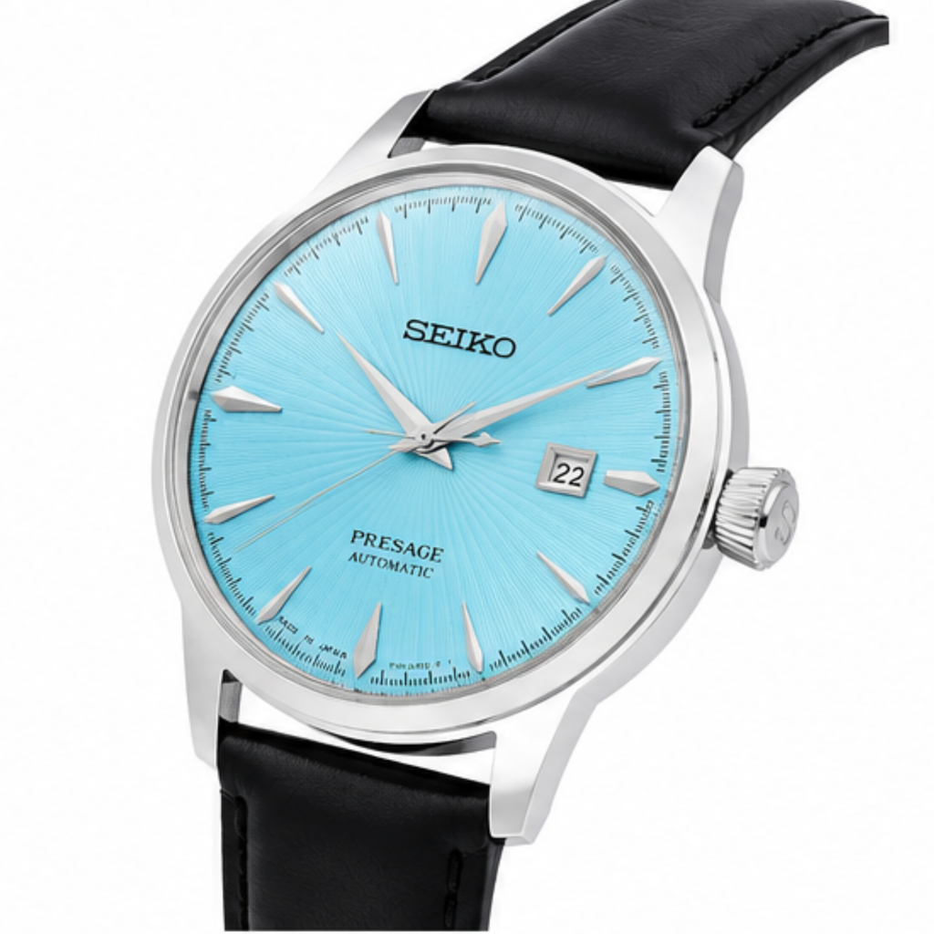 Automatic Watch – Sky Blue Dial, Silver Case & Black Leather Strap