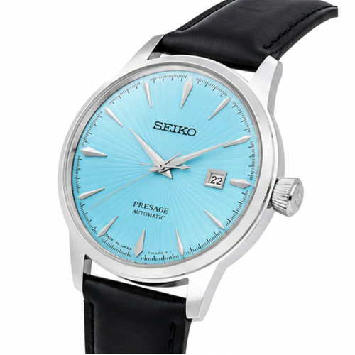 Automatic Watch – Sky Blue Dial, Silver Case & Black Leather Strap